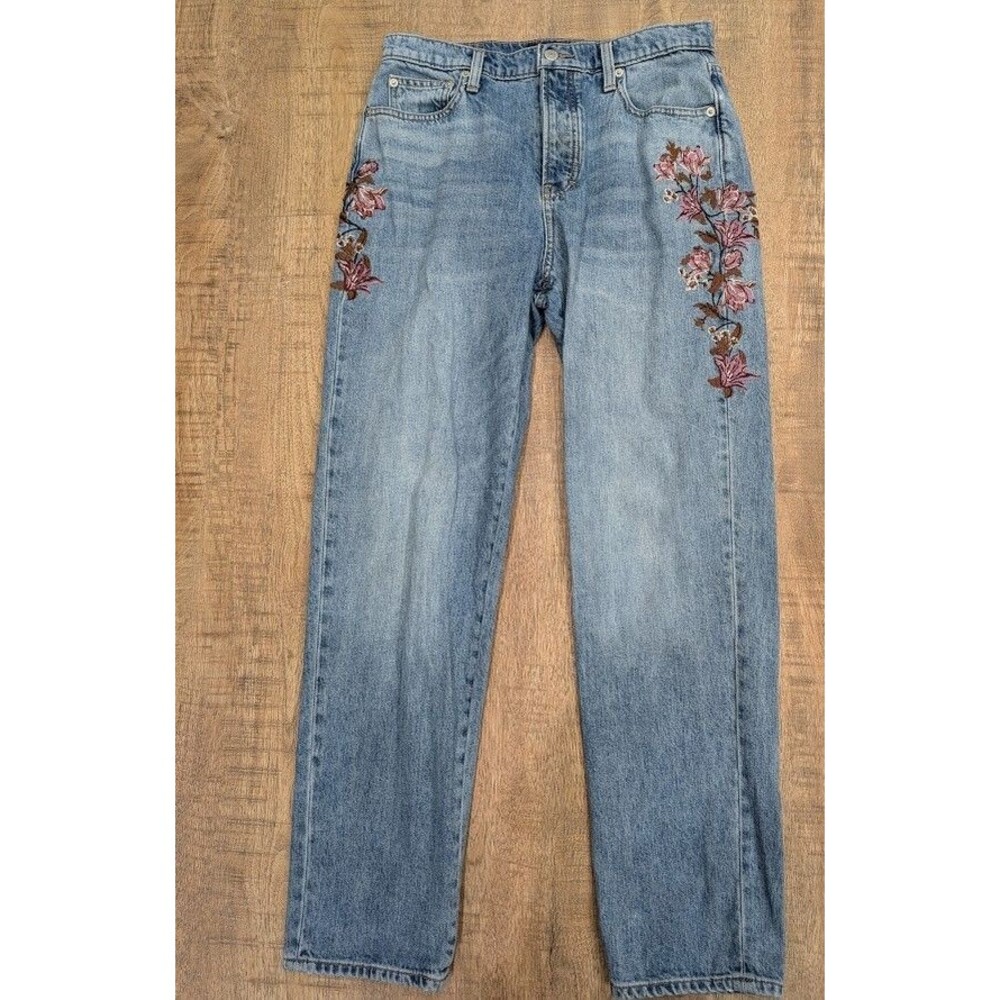 Lucky Brand Drew Mom Jeans Women's 8/29R High Rise Floral Embroidered Light Wash